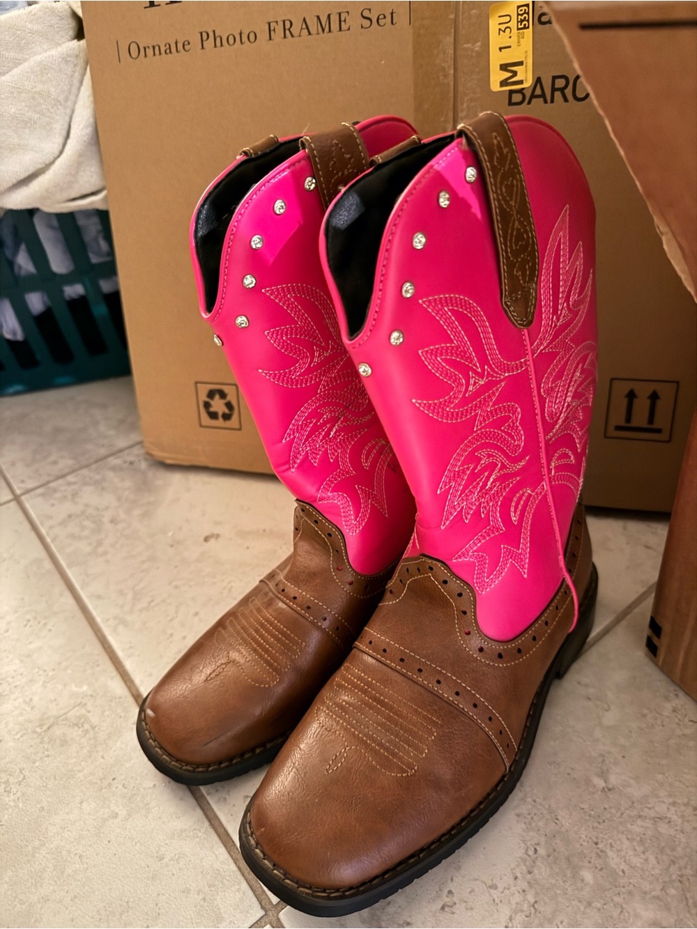 Women’s Brown Leather & Pink Shaft Western Boots